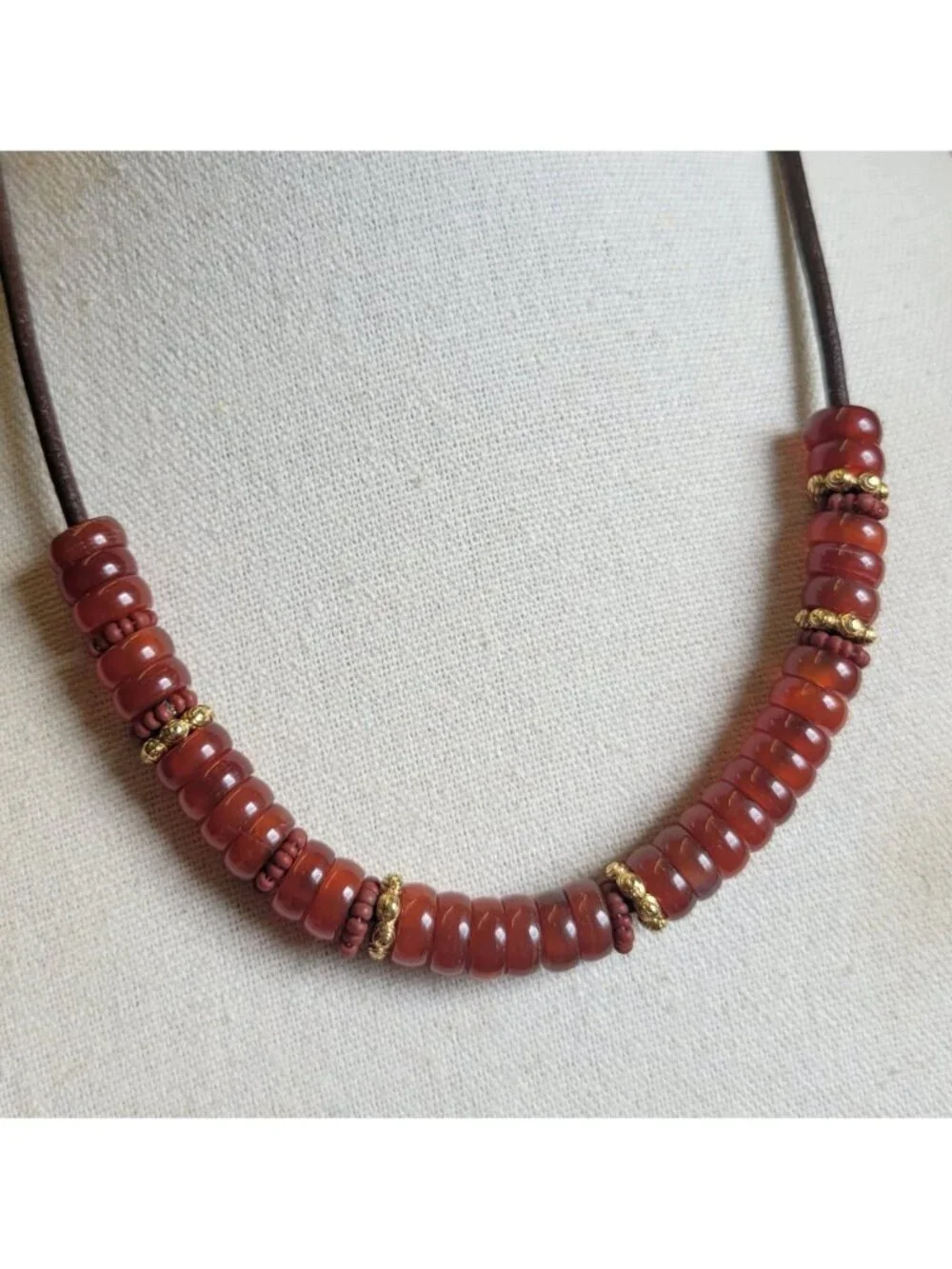 Vintage Carolee Signed Orange Glass Disk Beaded Cord Gold Tone Necklace N1F